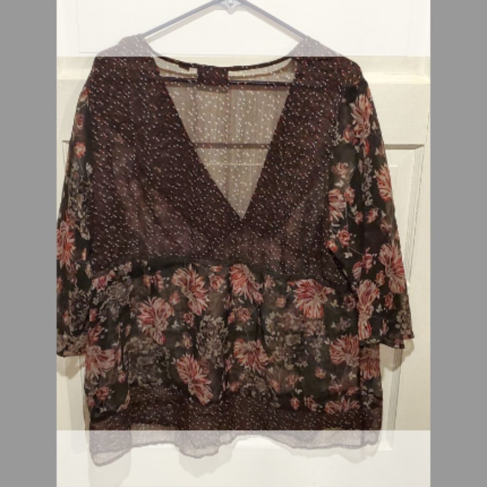 Avenue Sheer Black Floral V Neck Blouse Cover Up Womens Size 18/20